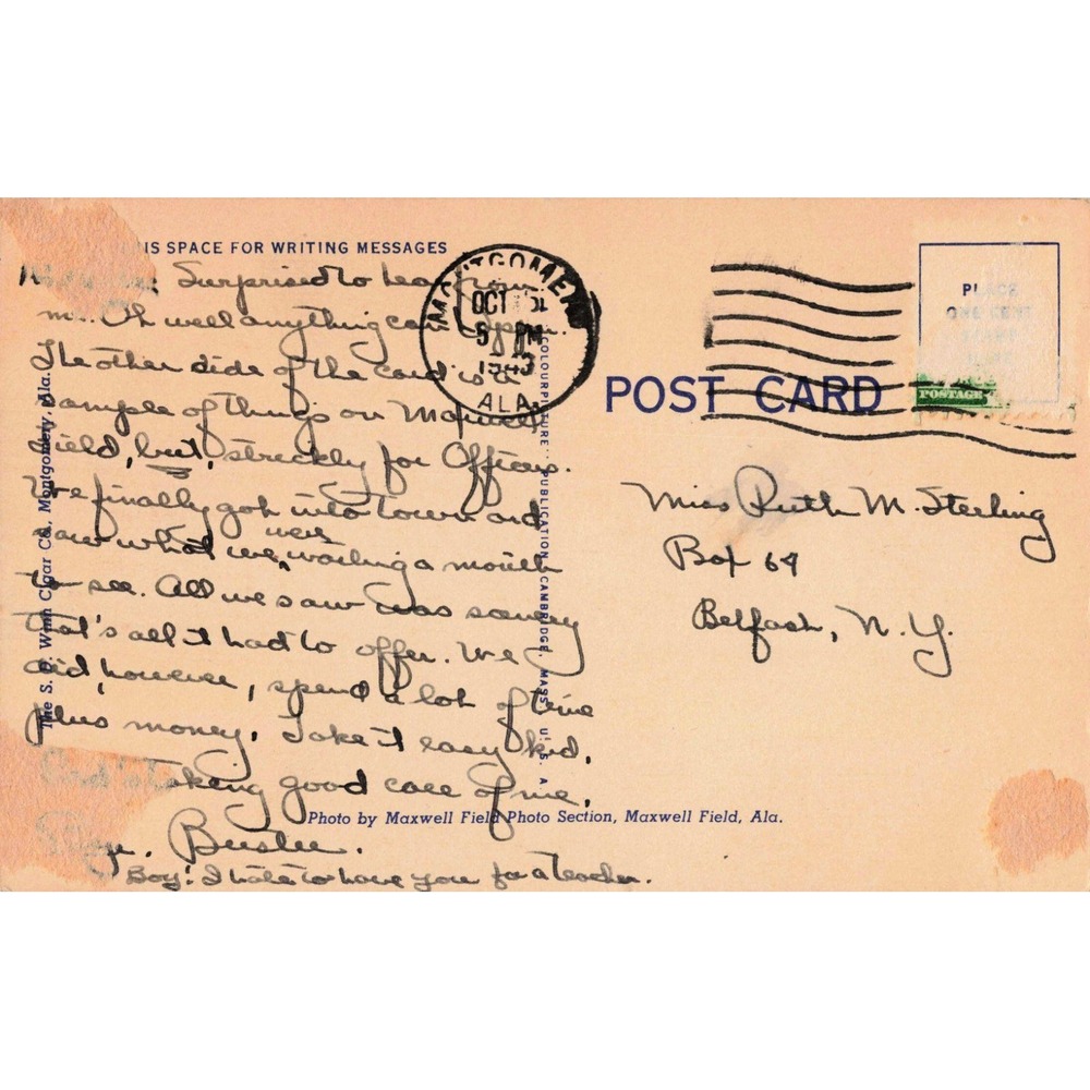 Vintage Officers Club Maxwell Field Alabama Linen Postcard 1943 M-115 - Picture 2 of 2